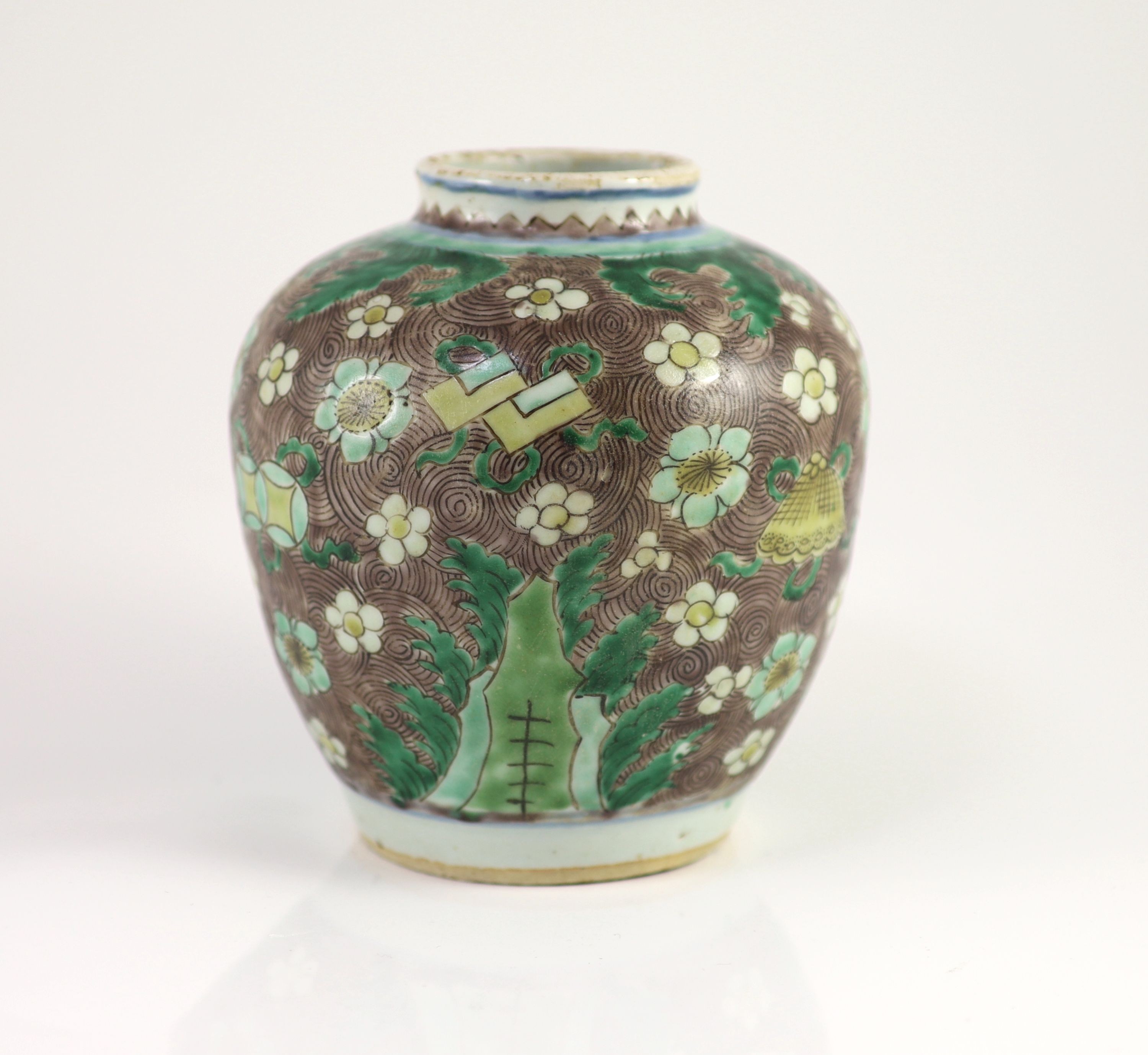 A Chinese enamelled porcelain ovoid jar, early Kangxi period, 16cm high